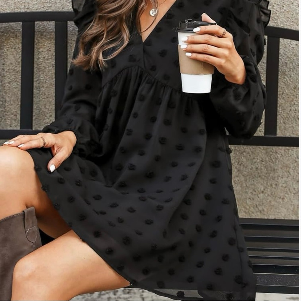 JODIFL Black Polka Dot Lined Ruffle Sleeve Shift MIDI Mini Dress Size Small